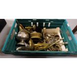 Box of brass and plated items – low candlesticks, wall vase, goblets, small companion set etc & a