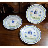 Set of 3 x French Quimpr Plates, man in traditional gentry country dress, each 19cm dia