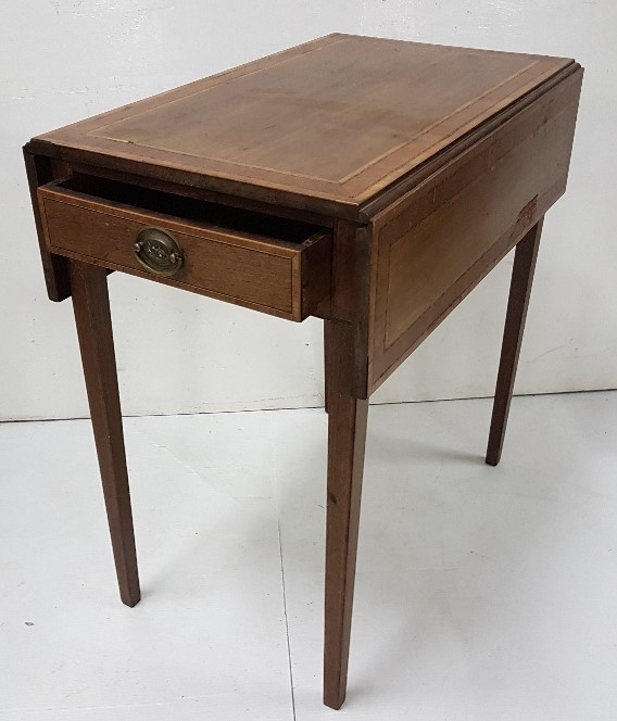 Edwardian Inlaid Mahogany Pembroke Table, with an apron drawer, on tapered legs, drop ends, 27”d,