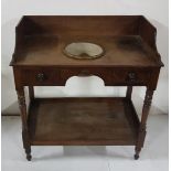 19th C mahogany Washstand with raised gallery and stoneware bowl in well, 2 drawers, stretcher