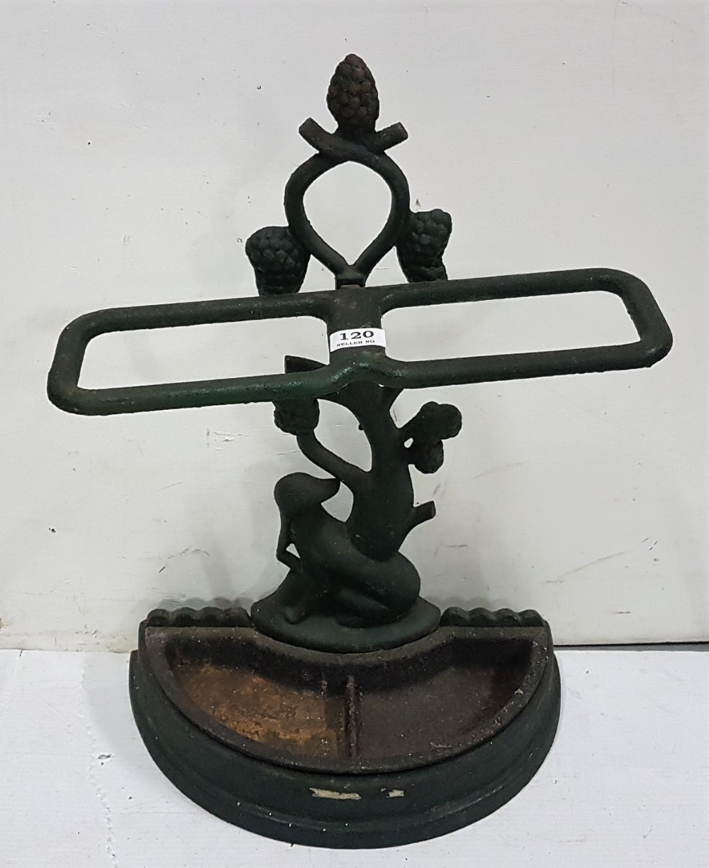 Cast Iron Stick Stand, with vine décor, bow shaped tray, painted green, 17”w x 23”h