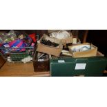 3 boxes of sewing materials, machine parts, box of collars etc