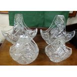 4 cut crystal oval shaped Baskets with handles, including one large pair, 11”w and 2 smaller 6”w (