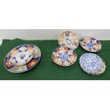5 Imari scalloped edged Plates, 8.5”dia and a larger Imari plate, 12”dia and an English blue