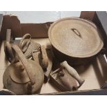 Box of old Ironware - 1 pot, 1 kettle & 4 clothes irons (6)