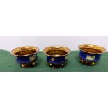 Matching set of 3 x Brown Lustre Plant Pots with blue borders, fishing scenes, each 6.5” dia x 4”