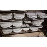 3 shelves of Catering Plates & 2 basins of modern stainless cutlery
