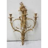 Ornate Gilt Bronze Wall Light with 3 branches, the central branch featuring cherub holding hearts,