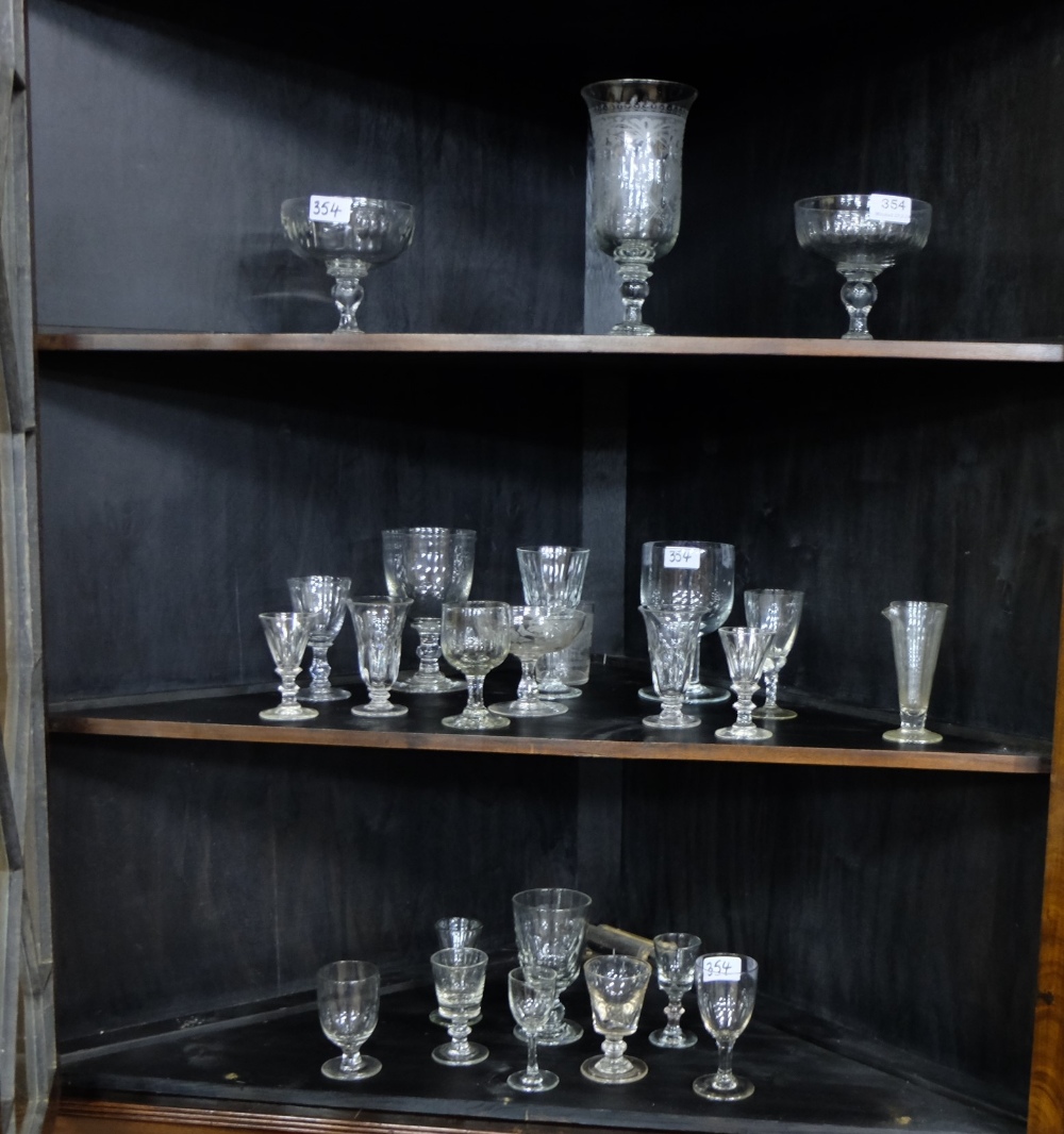 Group of Glassware – tall etched chalice on stem, pair of cut glass bowls on stems, various sized