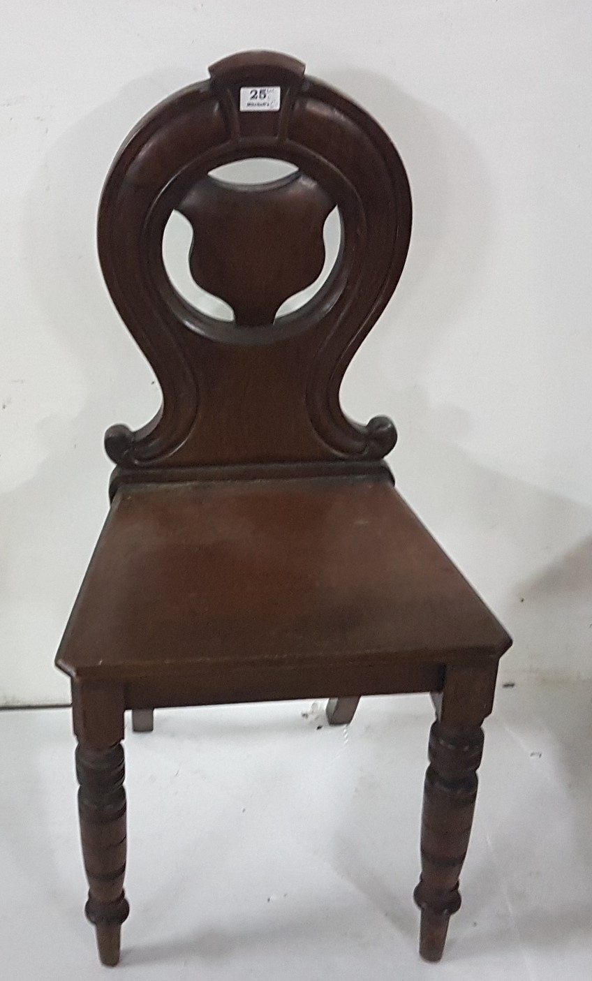 Late 19th C mahogany Hall Chair, shield shaped back, with turned front legs