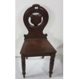 Late 19th C mahogany Hall Chair, shield shaped back, with turned front legs