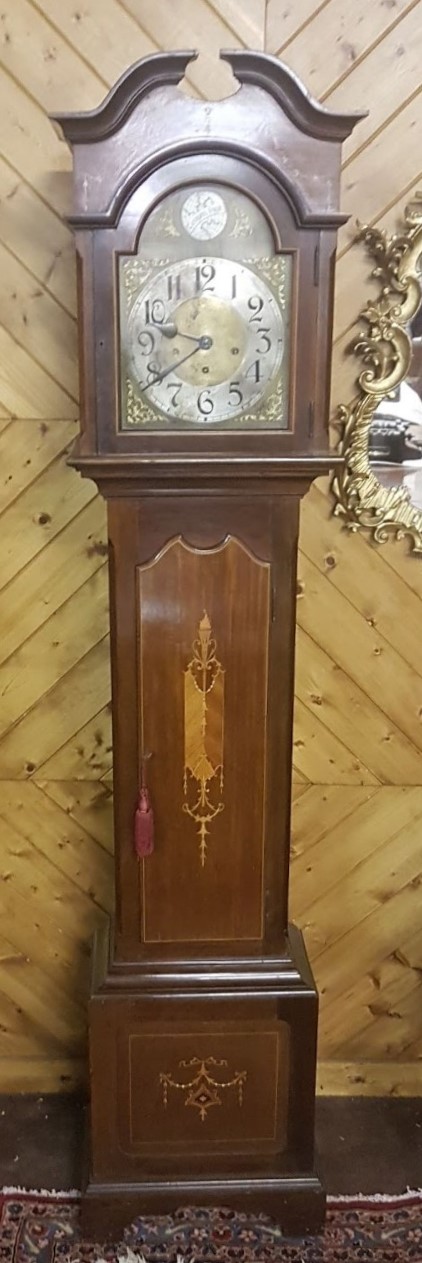 Grandmother Clock in nicely inlaid mahogany case, the brass and silvered dial with Alpha