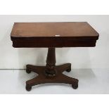 William IV mahogany fold over Card Table on a central pod and platform base on 4 turned feet, 36”w x