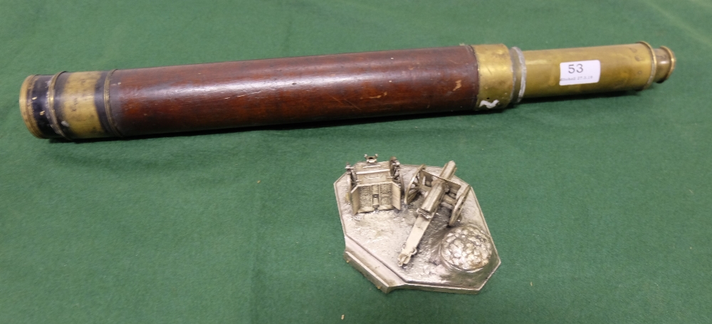 “London Day or Night” brass Telescope in mahogany case (case and glass damaged) and a modern gun