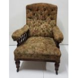 Mid 19thC Gents Library Armchair, with balustrade style arm supports and turned front legs, casters,