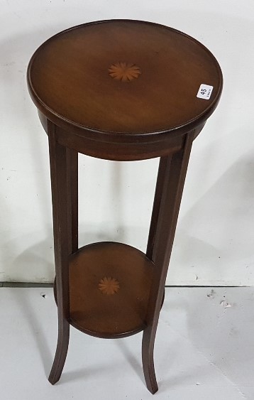 Circular mahogany 2 tier plant stand, floral inlaid, 39.5"h x 14" dia