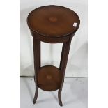 Circular mahogany 2 tier plant stand, floral inlaid, 39.5"h x 14" dia