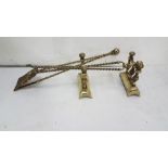 Matching set of 3 piece brass Fire Irons set and Fire Dogs with 3 columns