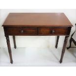 Late 19th C mahogany Side Table with 2 drawers, on turned front and back legs, 39"w x 31"h x 20"d