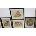 Set of 6 Etched Portraits of Lions, Tigers and Cubs, all mounted, in similar frames