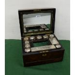 Late 19thC walnut Travelling Vanity Case, complete with original jars with silver plated lids and