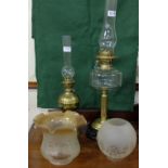 2 Oil Lamps (1 x brass, 1 x modern), with 2 modern shades