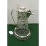 Etched glass Claret Jug with a hinged lid and plated top, 9.5"h