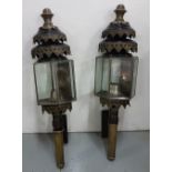 Matching pair Carriage Lamps with brass finials and supports, 5 hexagonal sides, bevelled glass,