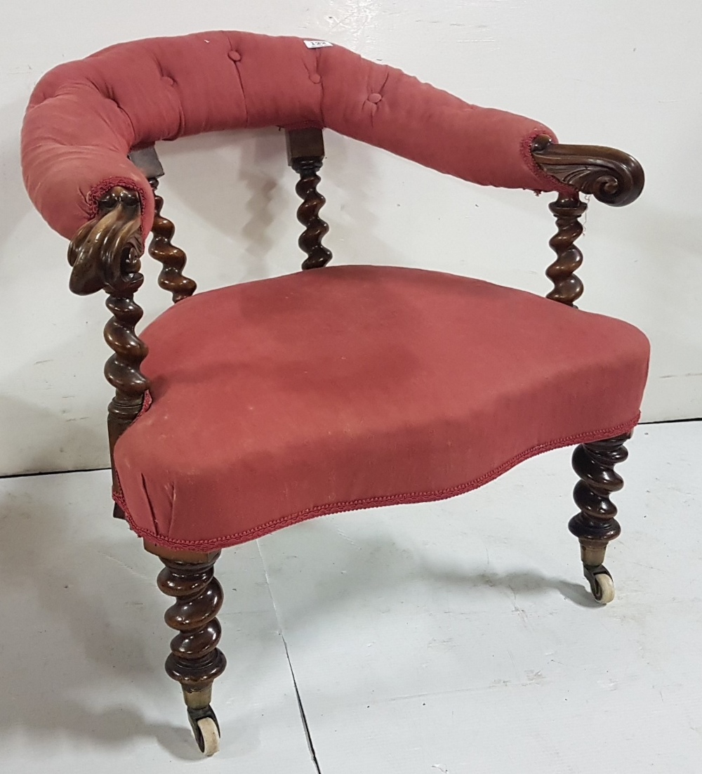 Victorian mahogany framed Armchair with barley twist back and arm supports and similar front legs on