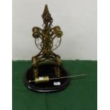 Brass Skeleton Clock on base, no glass dome 17”h x 11”w (not working, face damaged)
