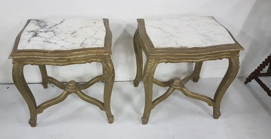 Matching pair of white marble top low sized Side Tables, on carved wood bases, painted gold,