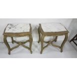 Matching pair of white marble top low sized Side Tables, on carved wood bases, painted gold,