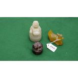 Alabaster Buddha, 3.5”h, a yellow figure of a waterfowl, 3”w and a Chinese stamper mounted with