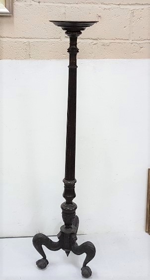 Mahogany Torchere on reeded column, on ball and claw feet, 57.5”