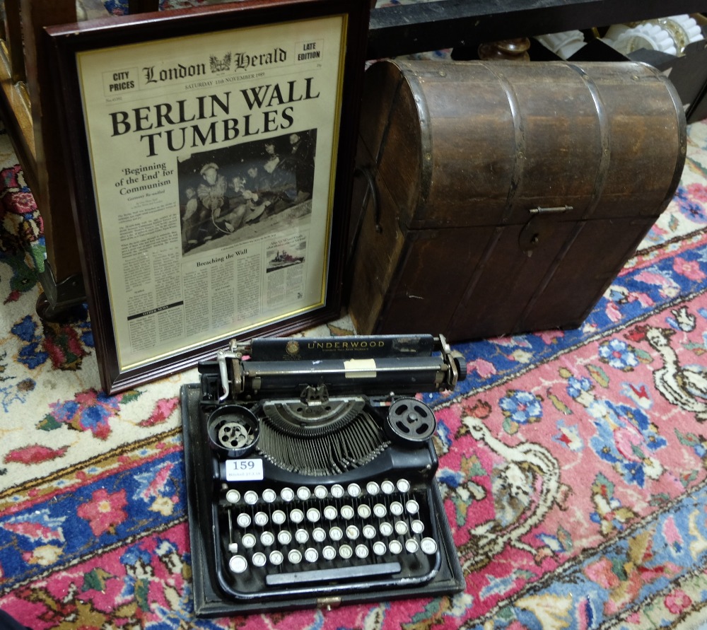 Manual Typewriter – Underwood, “Berlin Wall” newspaper print, framed and a modern wine casket (3)