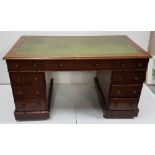 Victorian mahogany Pedestal Desk with a green tooled leather writing top, 3 apron drawers and 3