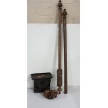 Pair of pine Curtain Poles, each 66”l with finials and rings and an ebonised jewellery box (3)