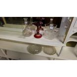 Old Irish Cut Crystal Decanter, 3 moulded glass shell -shaped Serving Dishes (1 chipped), red