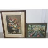 Framed Lithograph, Still Life, Urn with Summer Flowers, after J Bupriste, signed J Chamberlain & Oil