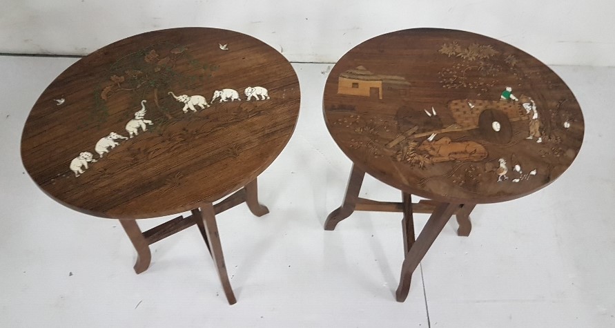 Similar Pair of low Occasional Tables, Indian rosewood, with elephant etc patterns, each 15” dia x - Image 3 of 3