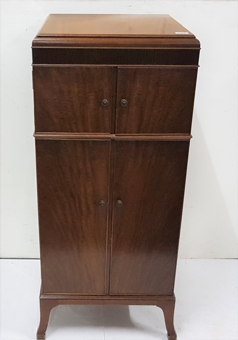 Early 20th C mahogany Music Cabinet with a hinged lid and drawer above a cabinet with 4 sliding