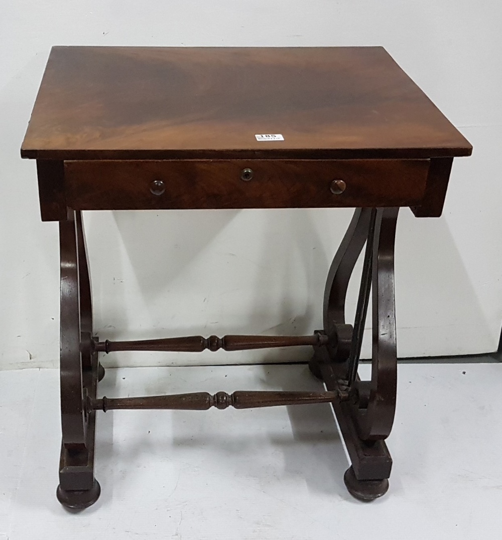 Regency mahogany Side Table with lyre shaped side supports (brass rails damaged), apron drawer