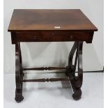 Regency mahogany Side Table with lyre shaped side supports (brass rails damaged), apron drawer