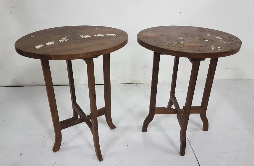 Similar Pair of low Occasional Tables, Indian rosewood, with elephant etc patterns, each 15” dia x - Image 2 of 3