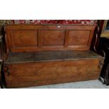 Antique Pine Settle Bed, with a panelled front and adjustable bench/seat, 74”w x 43”h x 21”d