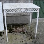 Matching Pair of cast aluminium garden tables, rectangular shaped with fretwork tops and aprons,