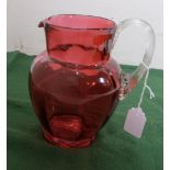 Victorian Cranberry glass Water Jug with clear ribbed handle, 7"w x 7"h (no damage)