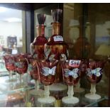 Lustre Red Glass Decanter & 5 similarly decorated Wine Glasses, all hand-painted with floral