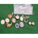 Mixed group of cameos, silver locket, brooches, earrings etc