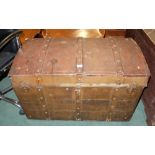 Pine Trunk with wooden bands and brass studs, hinged top lid, 40”w x 25”h x 22”d